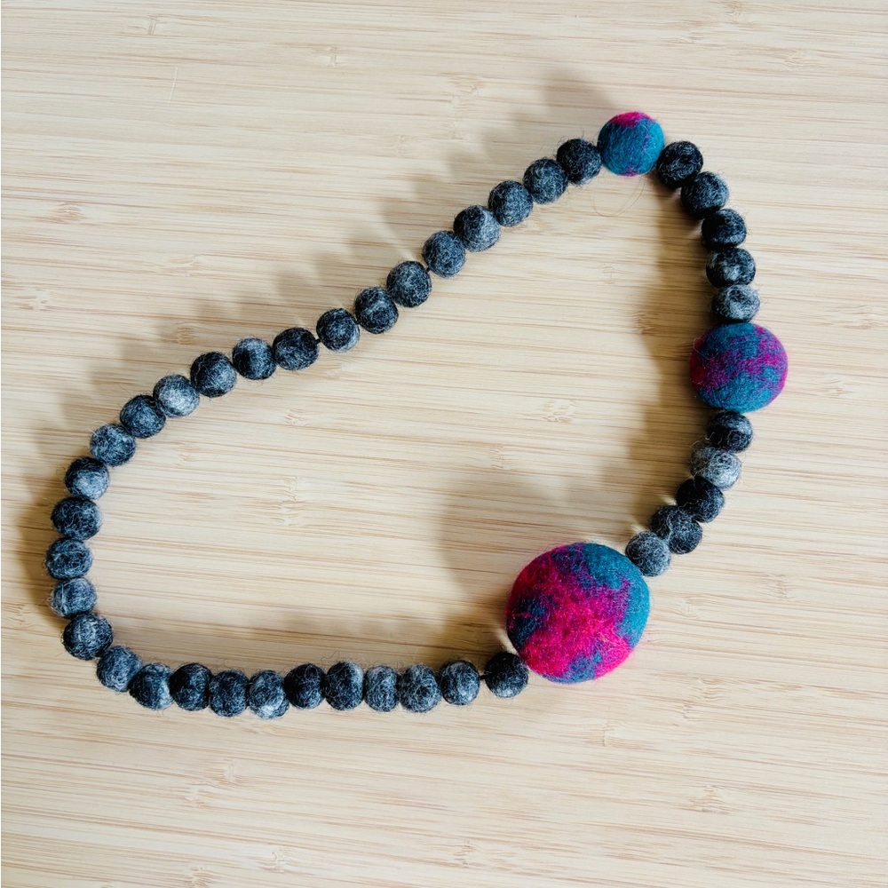 Gray, Green and Pink Felt Beaded Necklace
